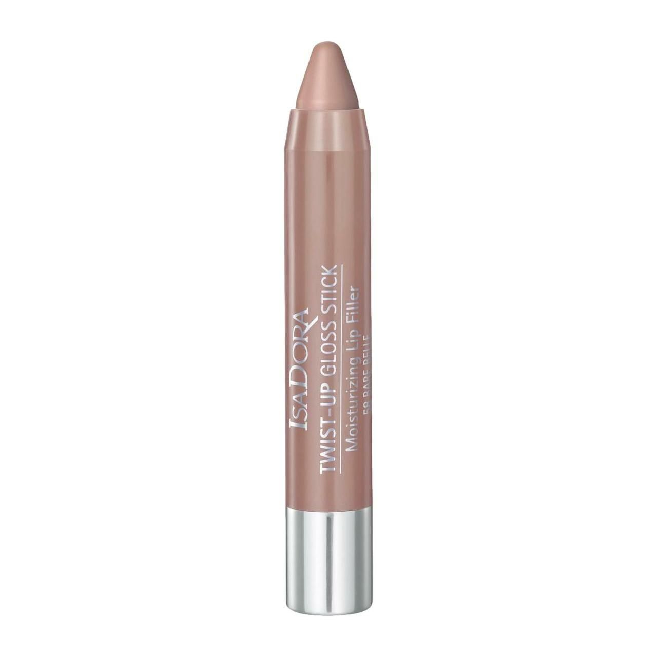 Lippenstift in Stiftform. Beige-braune Farbe. Silberfarbener Boden. Aufschrift: IsaDora Twist-Up Gloss Stick, Moisturizing Lip Filler.