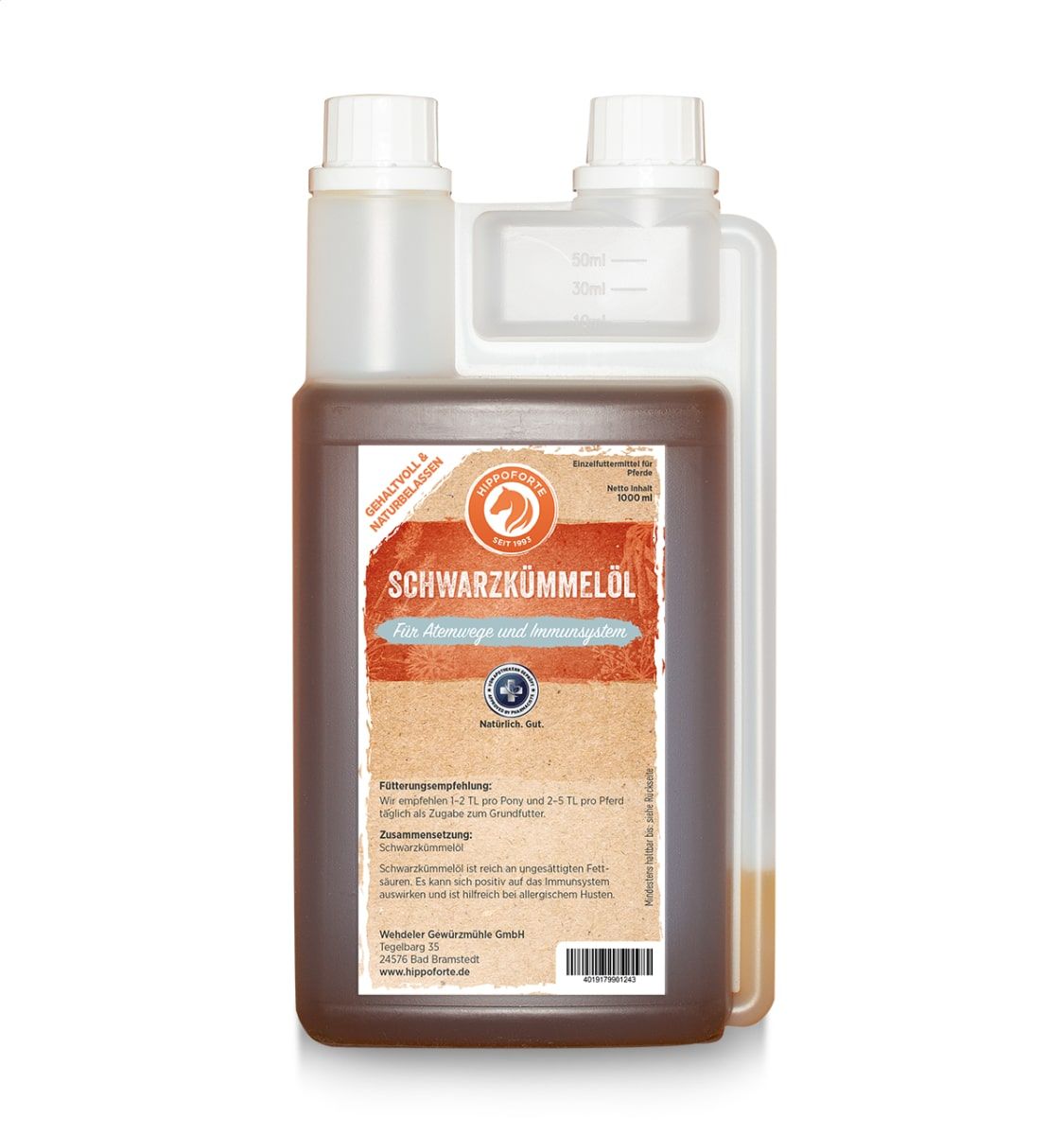 Braune Flüssigkeit in einer rechteckigen Flasche mit weißem Deckel. Auf dem Etikett steht "HIPPOFORTE Schwarzkümmelöl".
