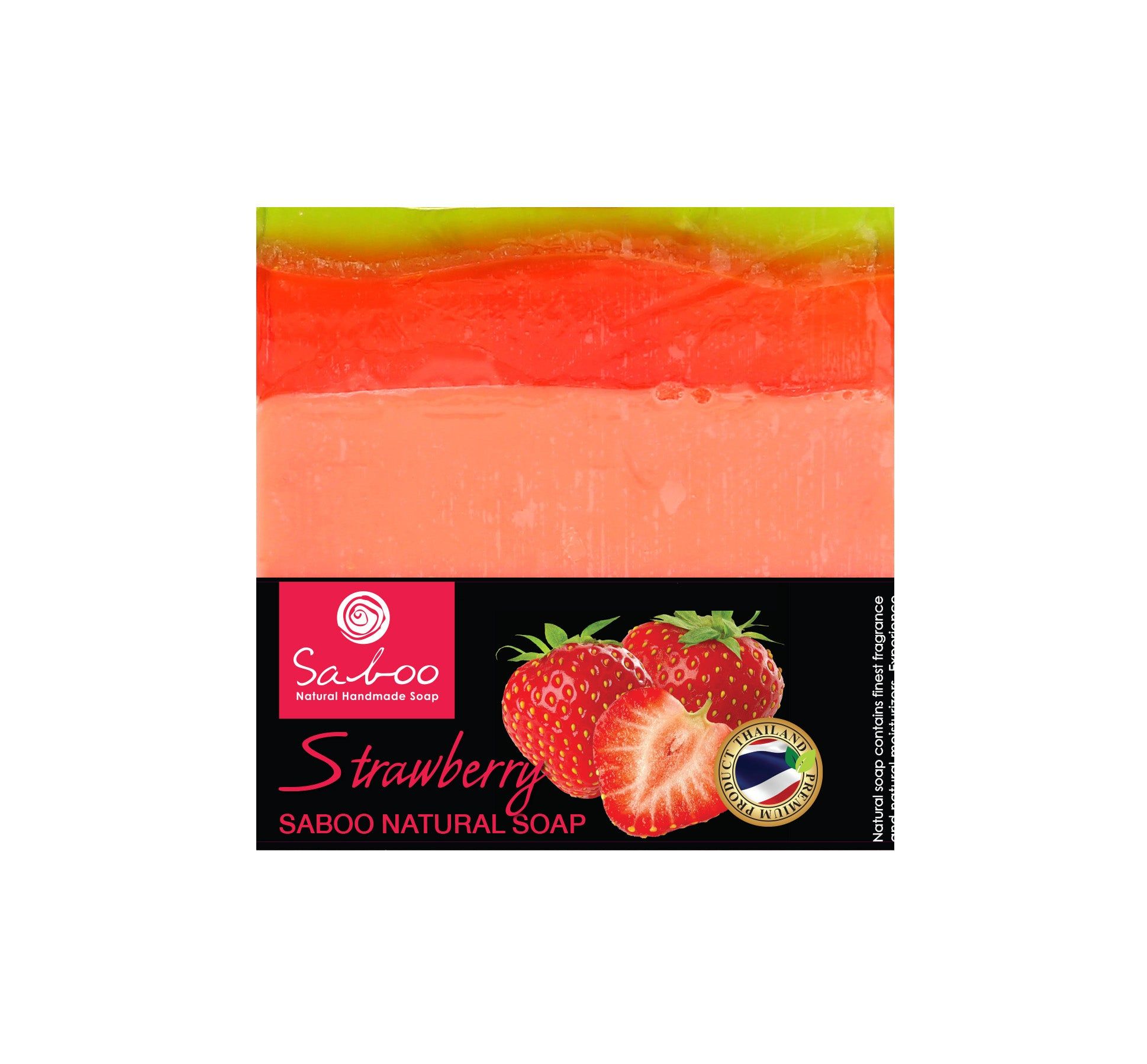 Seife mit Erdbeer-Motiv. Mehrfarbiges Seifenstück mit Saboo-Logo und Erdbeeren. Enthält Text: Strawberry, Natural Handmade Soap.