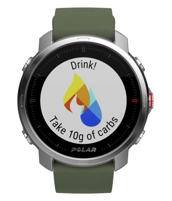 Smartwatch-Display mit Trink-Erinnerung. Zeigt Grafik mit Flamme und Tropfen. Text: Take 10g of carbs. POLAR-Logo.