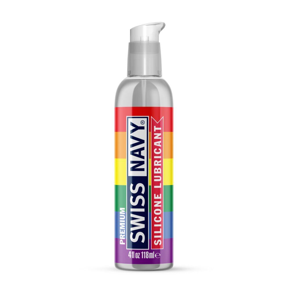 Flasche mit Pumpspender, gefüllt mit Silikon-Gleitmittel. Regenbogenfarben-Design auf dem Etikett.