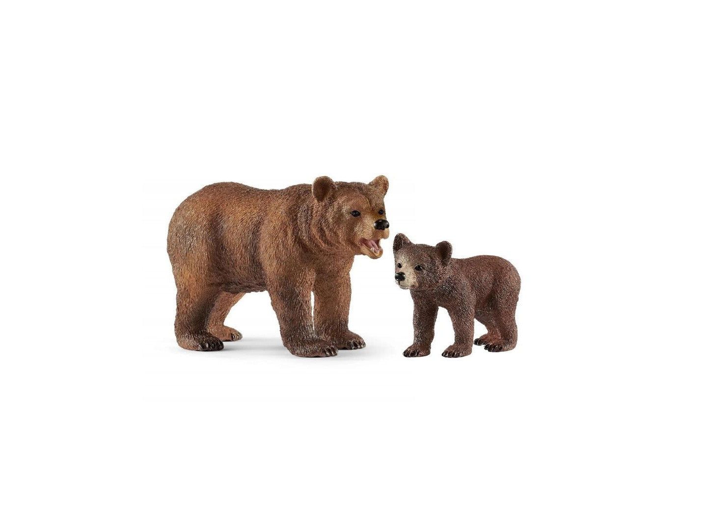 Grizzlybär-Mutter und Junges. Braun. Stehende Bärenfiguren. Mutterbär blickt nach links, Junges nach rechts.