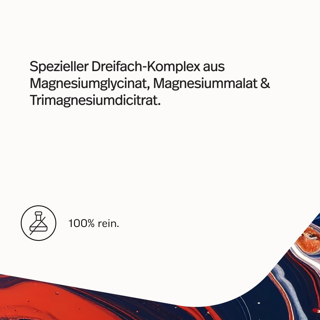 Spezifischer Dreifach-Komplex aus Magnesiumglycinat, Magnesiummalat & Trimagnesiumdicitrat. 100% rein.