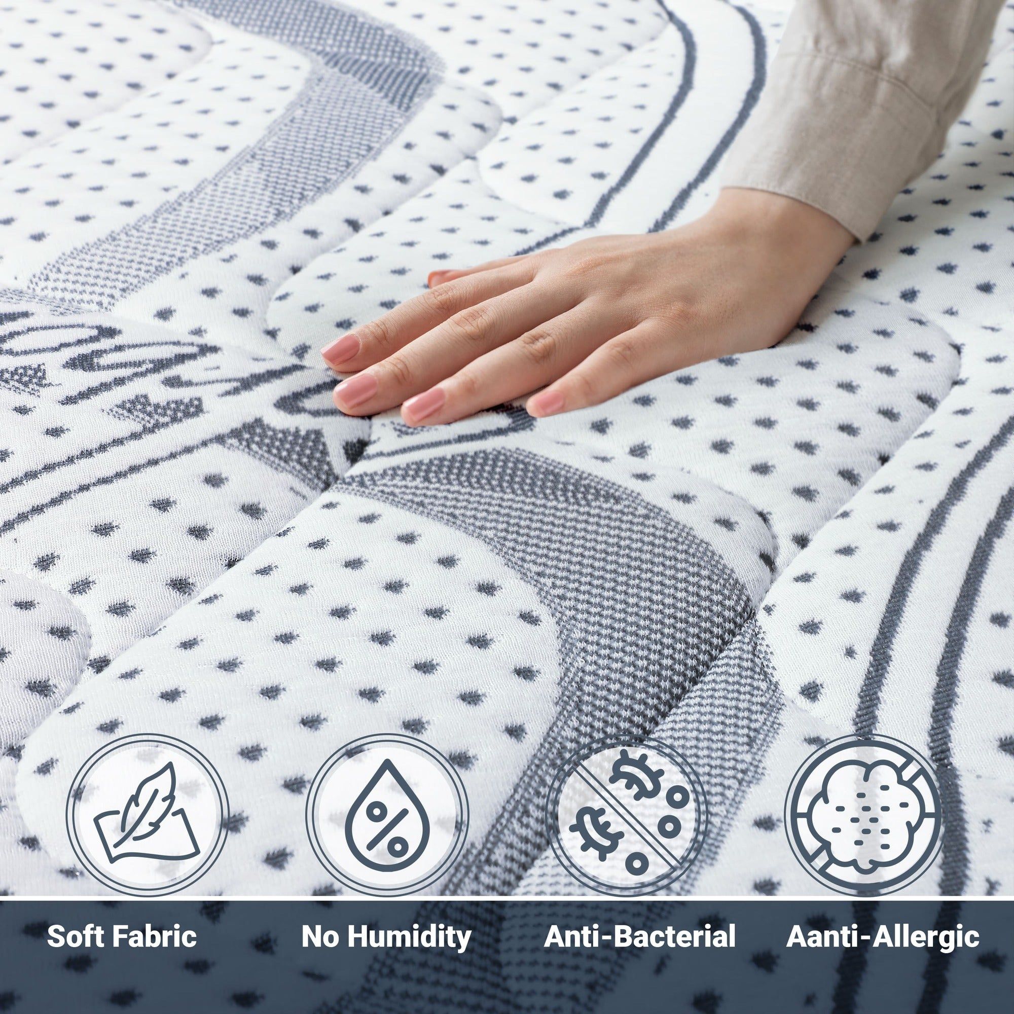 Nahaufnahme der Matratzenoberfläche mit Icons: "Soft Fabric", "No Humidity", "Anti-Bacterial", "Anti-Allergic".