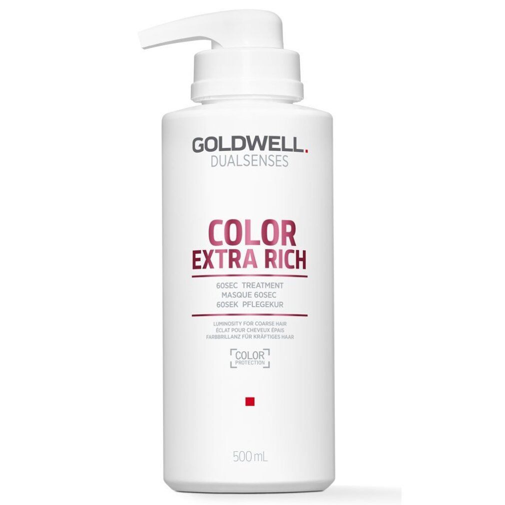Weiße Flasche mit Pumpe. Aufschrift: GOLDWELL DUALSENSES COLOR EXTRA RICH. 500ml. Für coloriertes Haar.