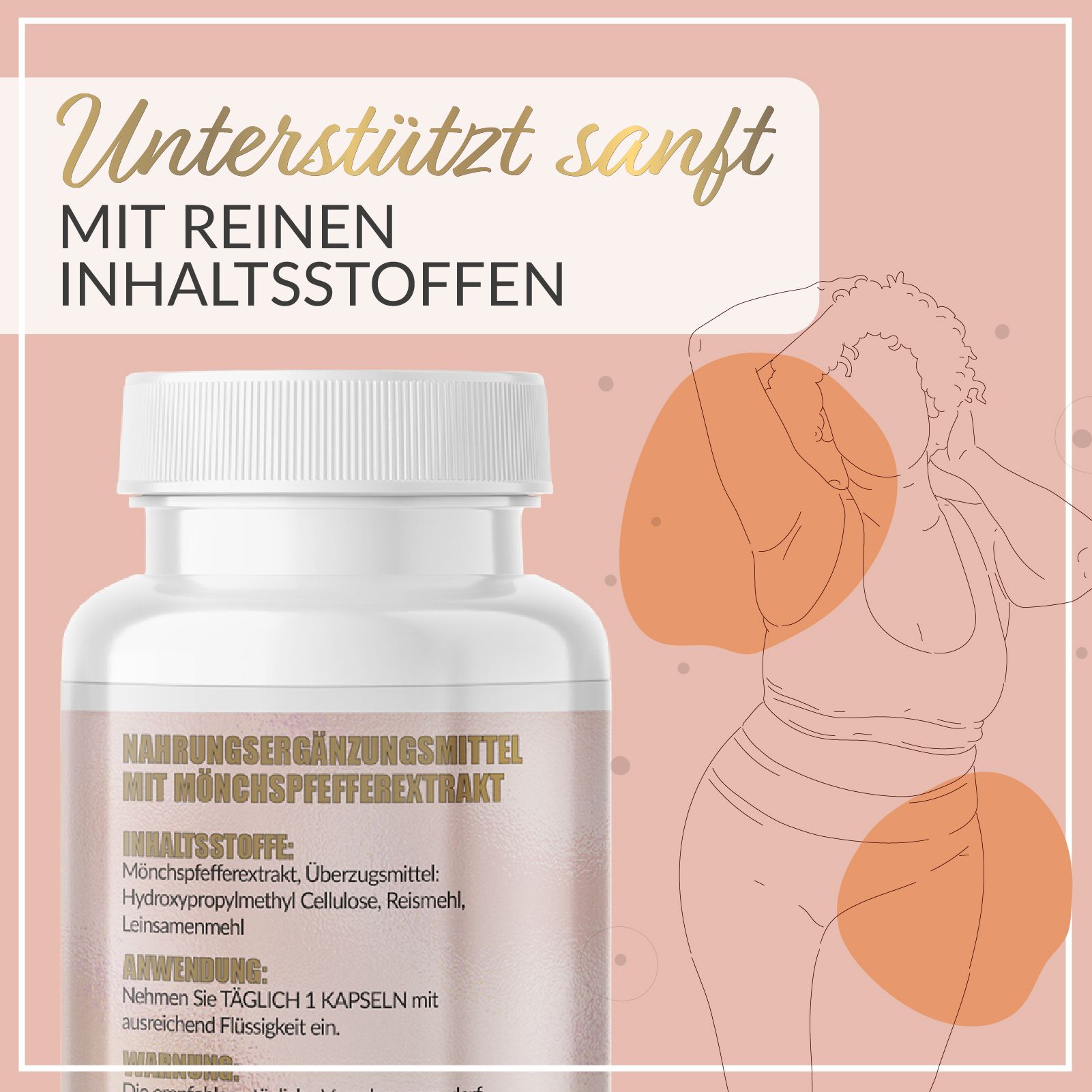 Flasche mit Kapseln und schematischer Darstellung einer Frau.