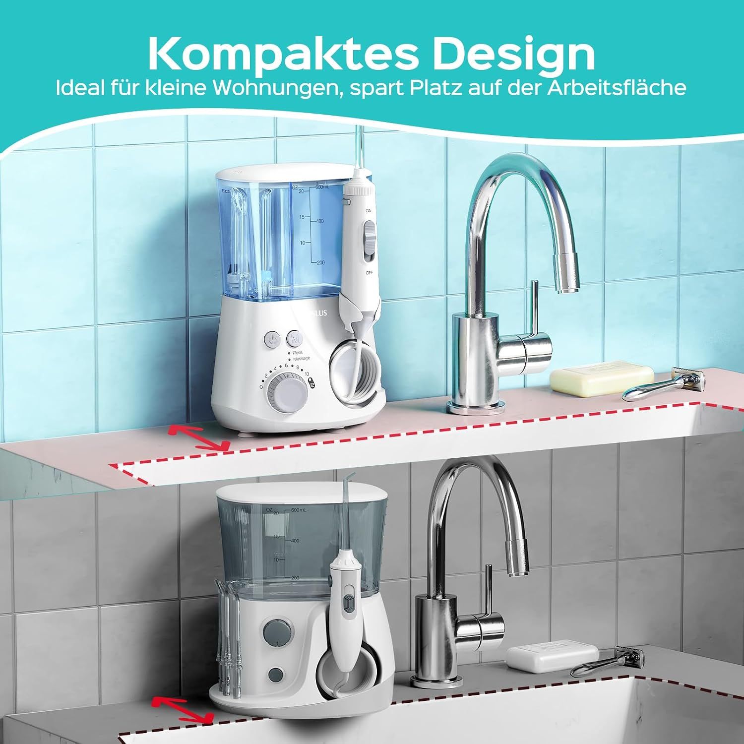 Kompaktes Design einer elektrischen Munddusche auf einer Arbeitsplatte neben einem Wasserhahn.