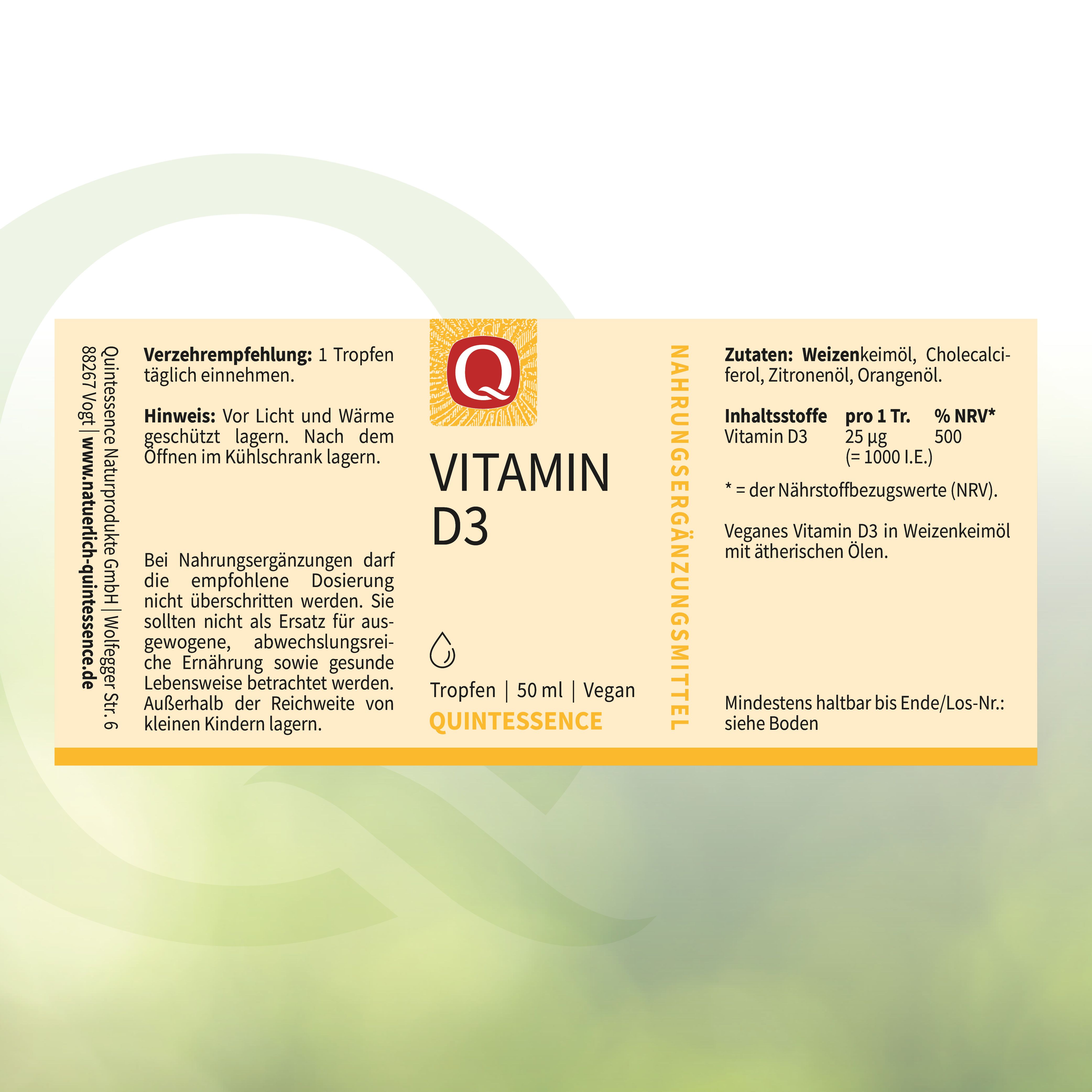 Etikett mit "Vitamin D3" und "Quintessence". Enthält Angaben zu Inhaltsstoffen und Dosierung.