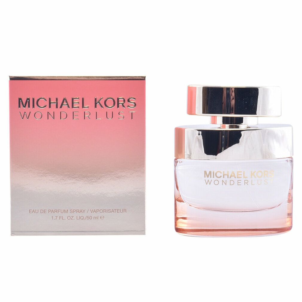 Michael Kors Wonderlust Edp Spray und Verpackung. Flakon mit goldfarbenem Deckel und rosa Glas. Markenname auf dem Flakon und der Box.