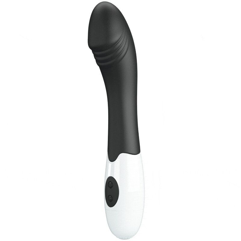 Schwarz-weißer Vibrator mit gebogener Form. Oberteil mit Rillen, Unterteil mit zwei Knöpfen.