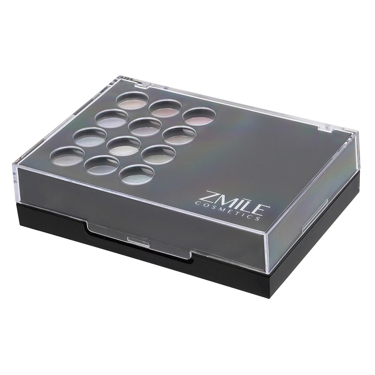 Kosmetik-Palette mit 12 Lidschattenfarben. Schwarzes Gehäuse mit transparentem Deckel. ZMILE Cosmetics Logo.
