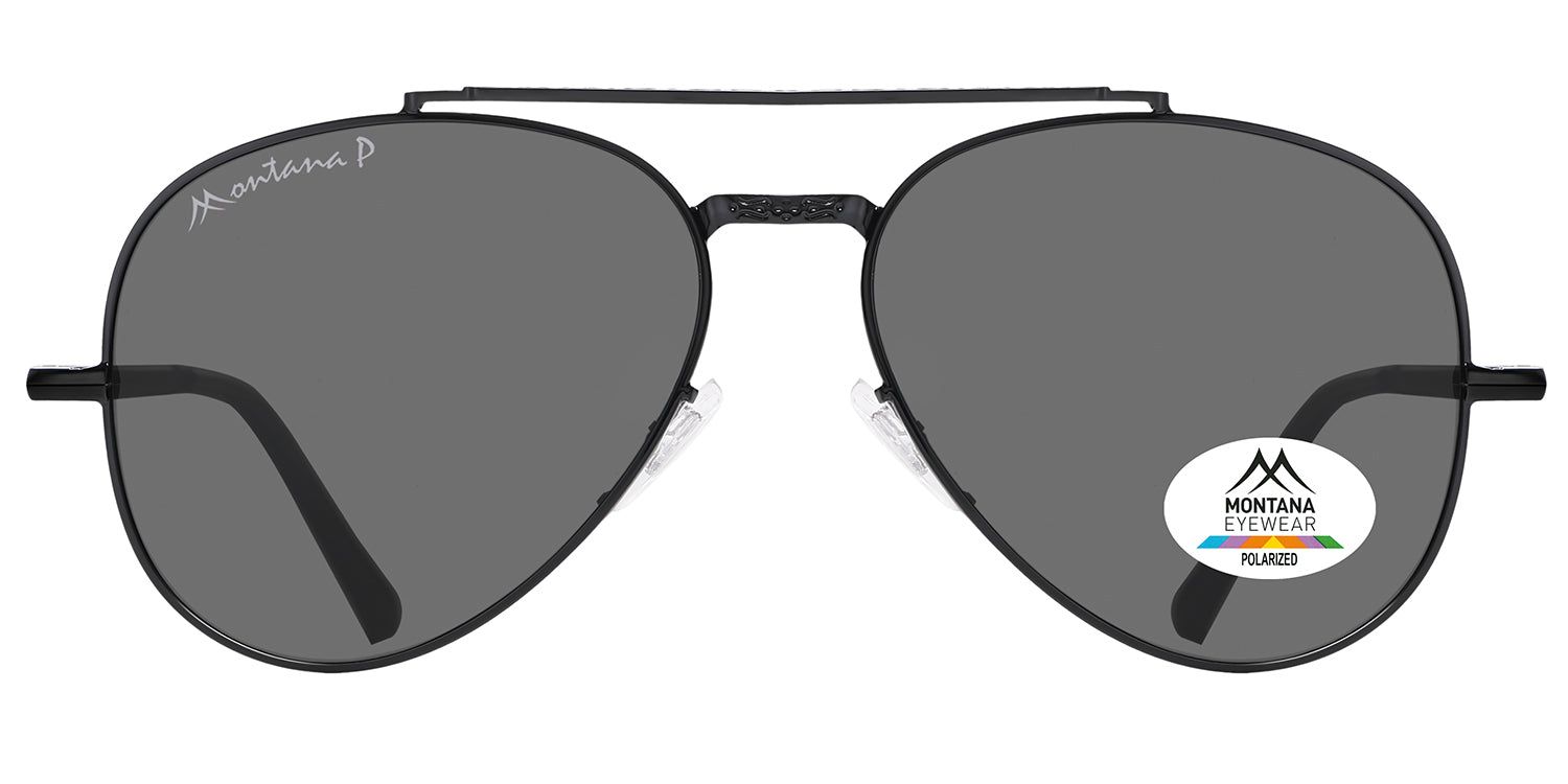 Schwarze Sonnenbrille mit grauen Gläsern. Logo Montana Eyewear und Polarized-Aufkleber. Doppelsteg-Design.