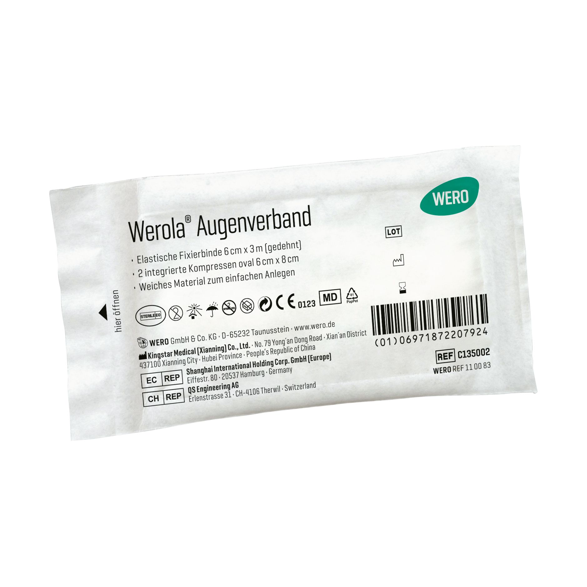 Werola Augenverband in weißer Verpackung. Text: Elastische Fixierbinde, 6 cm x 3 m, 2 integrierte Kompressen oval 6 cm x 8 cm. WERO Logo.