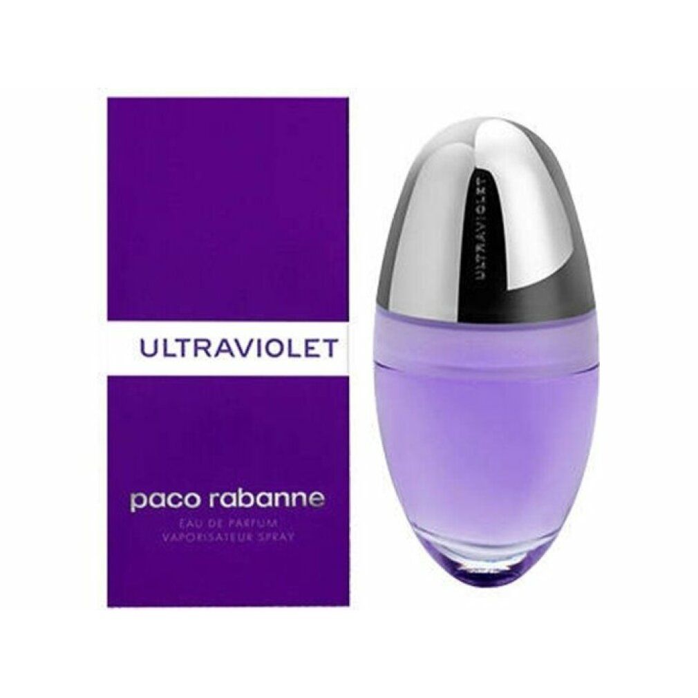 Violett-farbener Flakon mit silbernem Deckel und Verpackung. Auf der Verpackung steht "ULTRAVIOLET" und "paco rabanne".