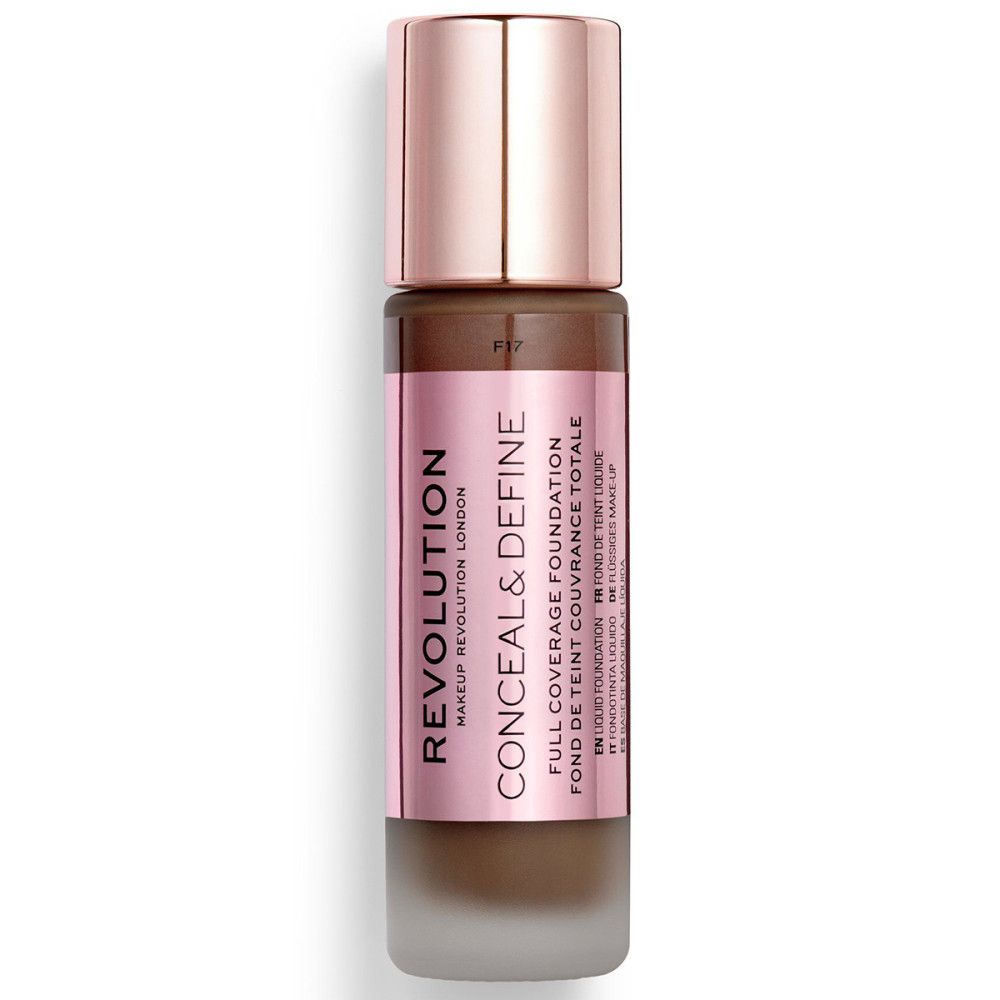 Flüssige Foundation in einer Glasflasche mit roségoldfarbenem Deckel. Aufschrift: CONCEAL & DEFINE, FULL COVERAGE FOUNDATION.