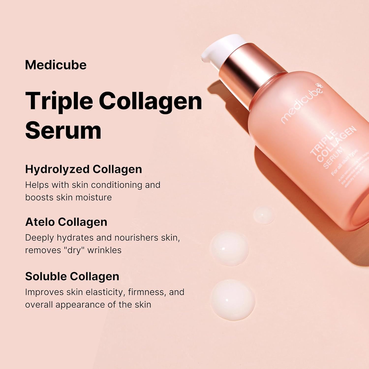 Rosa Serumflasche mit weißem Pumpkopf. Aufschrift: Triple Collagen Serum. Daneben Tropfen.