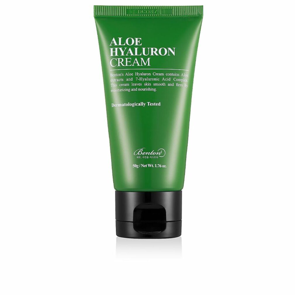 Grüne Tube mit Aufschrift Aloe Hyaluron Cream. Schwarzer Deckel. Text: Dermatologisch getestet. Marke Benton.