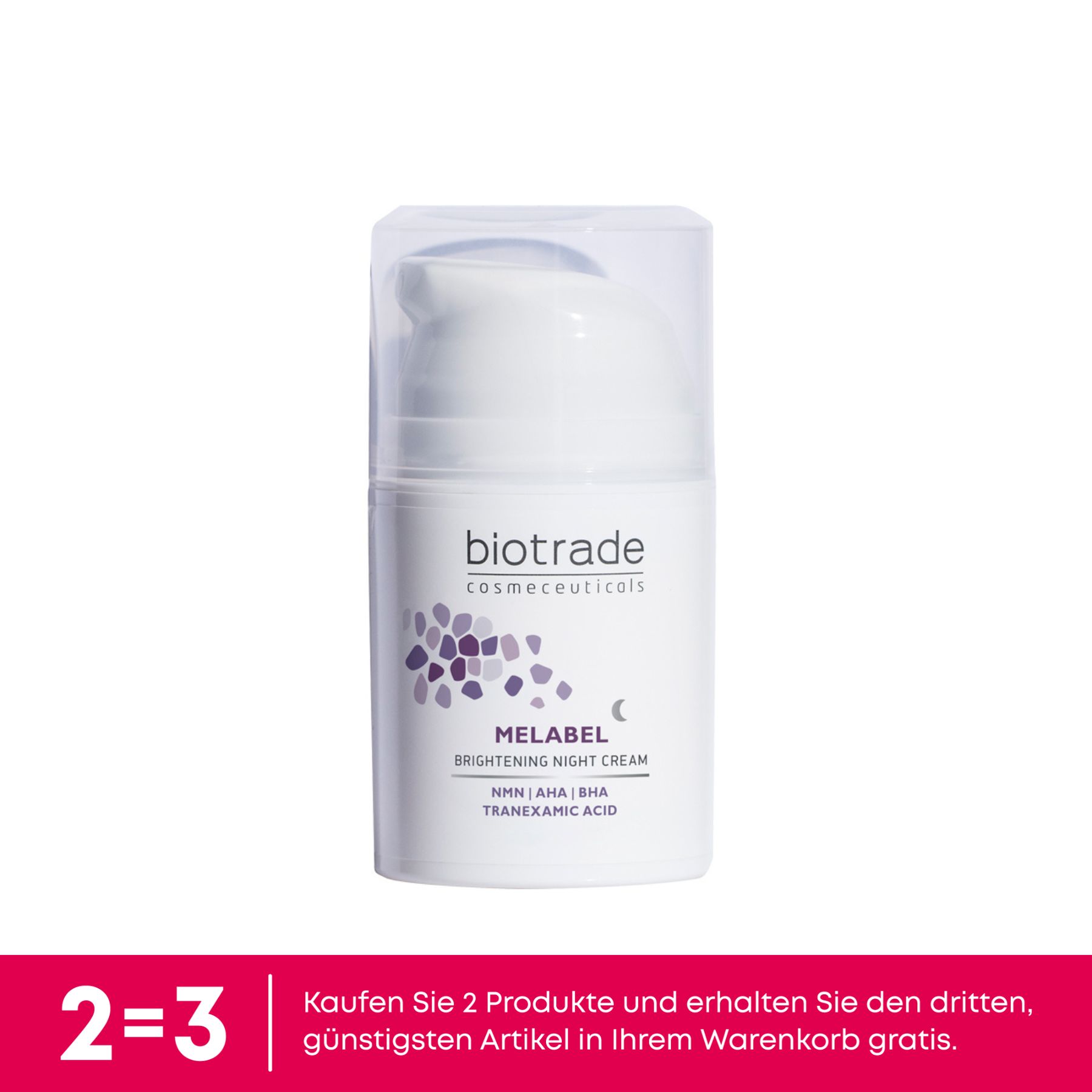 Weiße Biotrade Melabel Nachtcreme-Flasche mit Pumpverschluss. Text: Melabel Brightening Night Cream, NMN, AHA, BHA, Tranexamsäure.