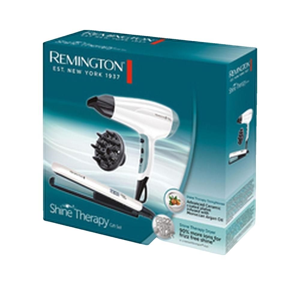 Produktverpackung mit Haartrockner, Glätteisen und Diffusor. Türkis-farbener Karton. Remington-Logo und Produktnamen.