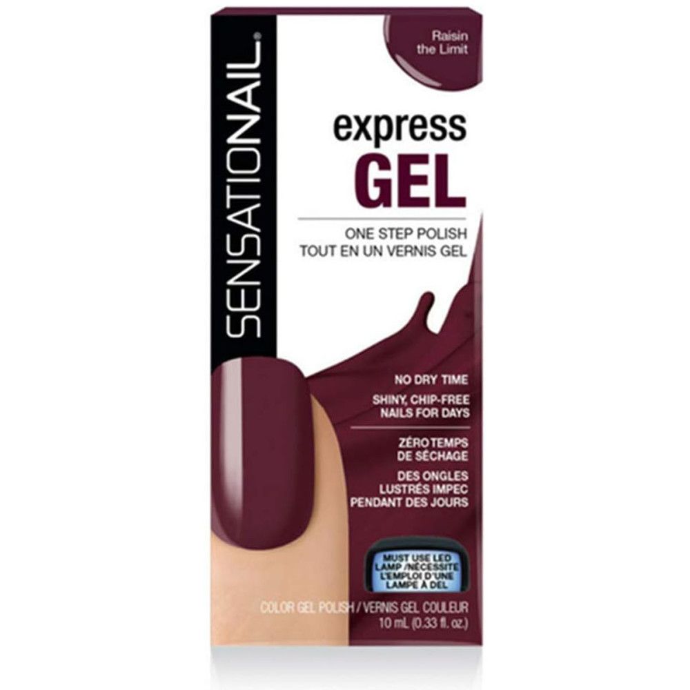 Verpackung mit Nagellack. "Sensationail Express-Gel" in dunklem Rot. Text: "No Dry Time", "Shiny Chip-Free Nails".