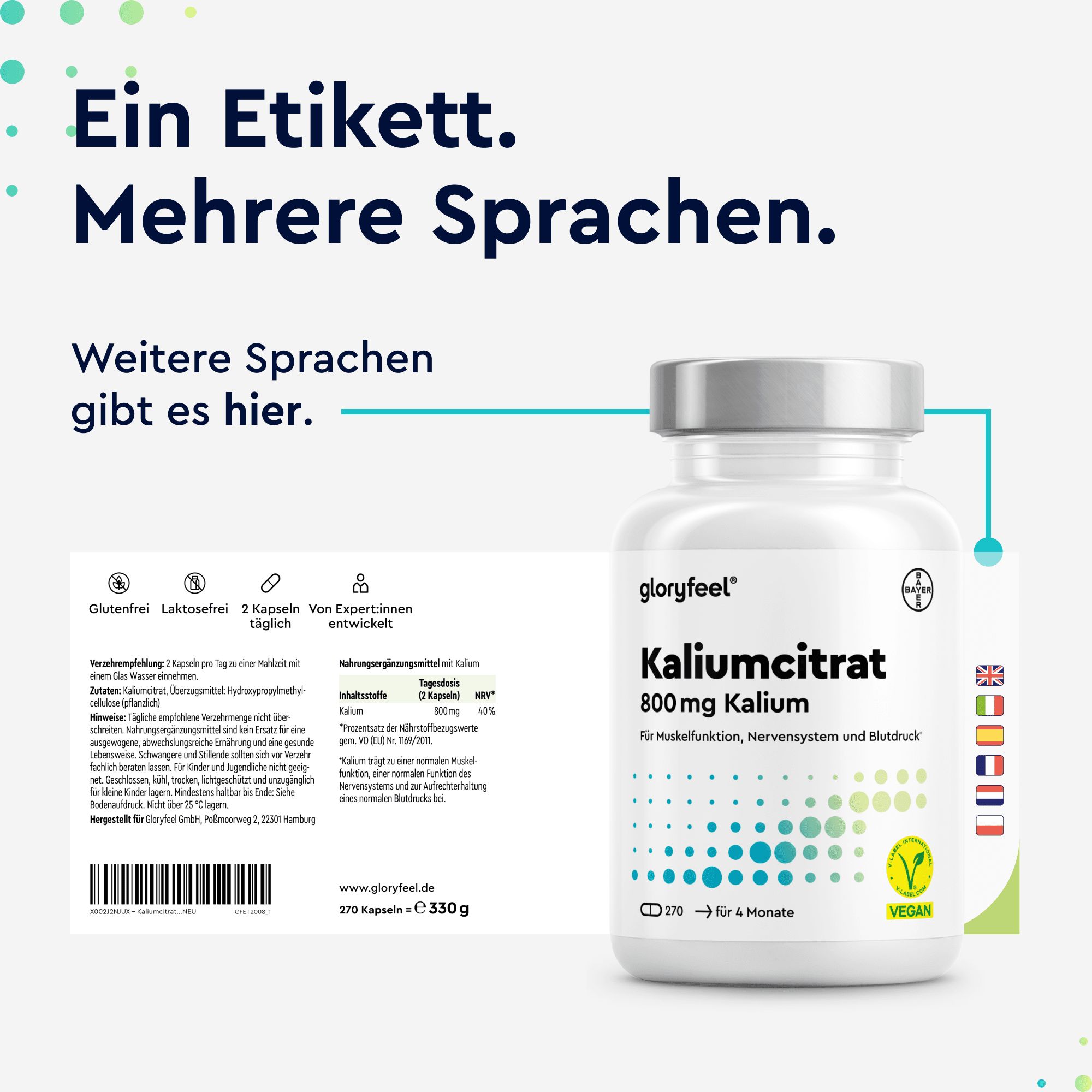 gloryfeel® Kalium - 270 Kapseln (+4 Monate) - 800mg elementares Kalium (Citrat) Hochdosiert