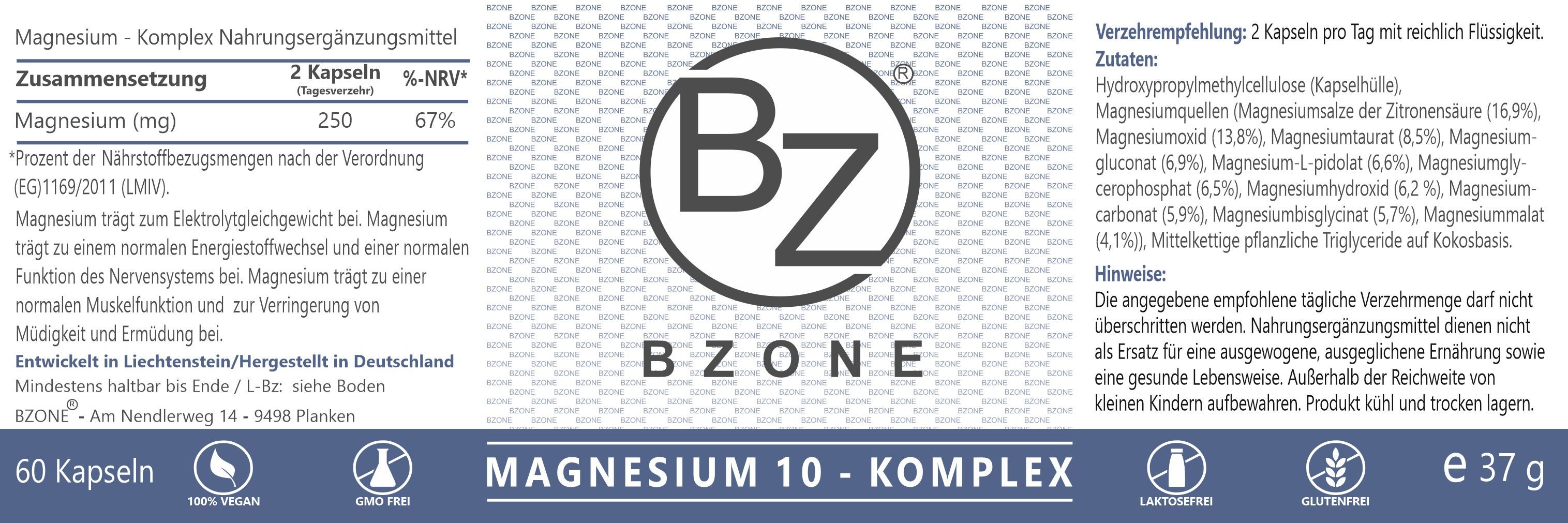 Braune Glasflasche mit weißem Deckel, gefüllt mit Kapseln. Etikett mit "BZ BZONE MAGNESIUM 10 - KOMPLEX".
