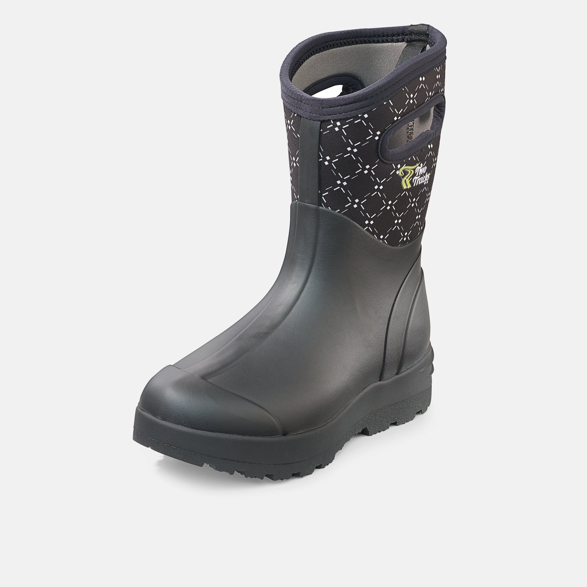 Schwarzer Damenstiefel mit breiter Passform. Oberteil mit Muster, Sohle mit Profil. Seitenansicht.