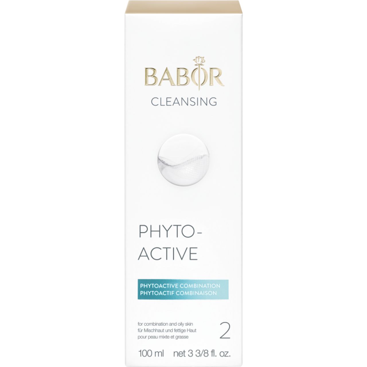 Weiße Verpackung mit Produktabbildung. Aufschrift: Babor Cleansing, Phyto Active Combination. Für Mischhaut und fettige Haut.