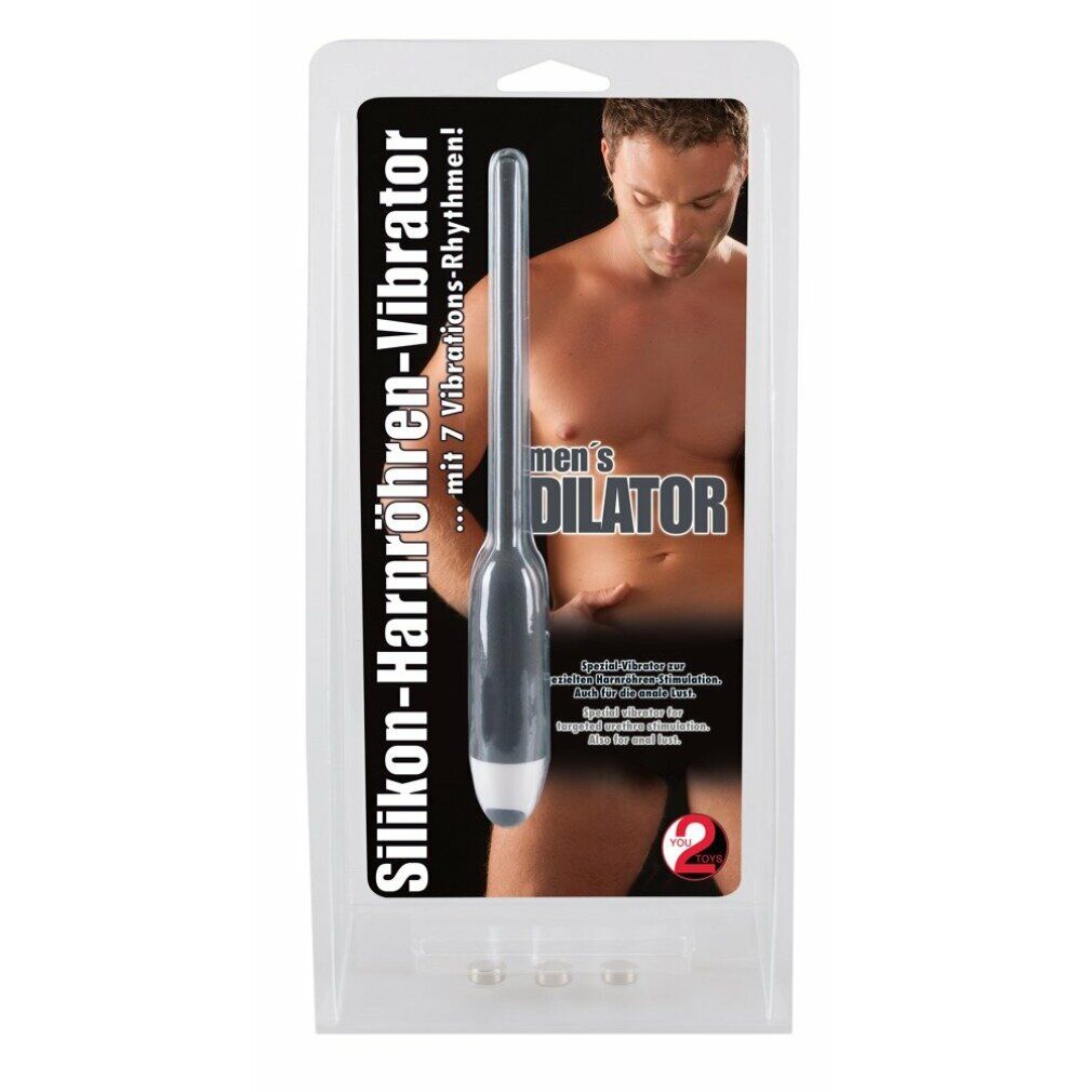 Verpackung mit grauem Dilator. Text: „Silikon-Harnröhren-Vibrator“. Abgebildet: Mann.