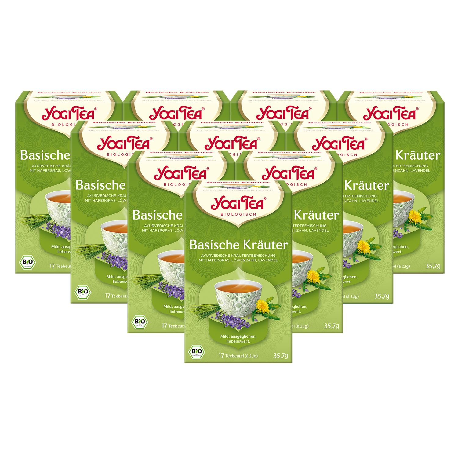Mehrere Packungen Yogi Tea Basische Kräuter Bio Kräutertee. Grüne Verpackung mit Logo und Produktbezeichnung. 17 Beutel.