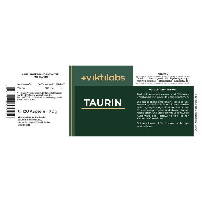 Produktetikett mit "+viktilabs TAURIN". Enthält Informationen zu Inhaltsstoffen und Verzehrempfehlung.