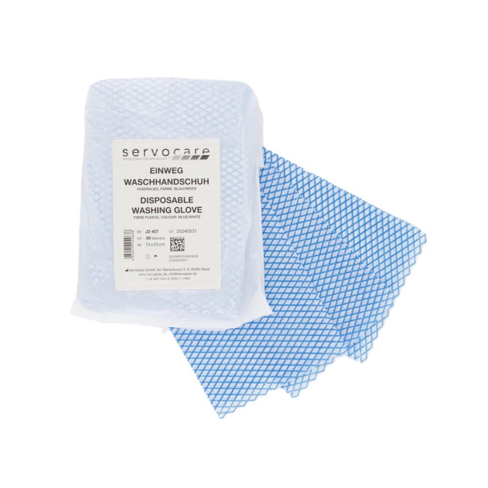 Verpackung mit Einweg-Waschhandschuhen. Blaue, gewebte Oberfläche. Aufdruck mit Produktname und Marke servocare.