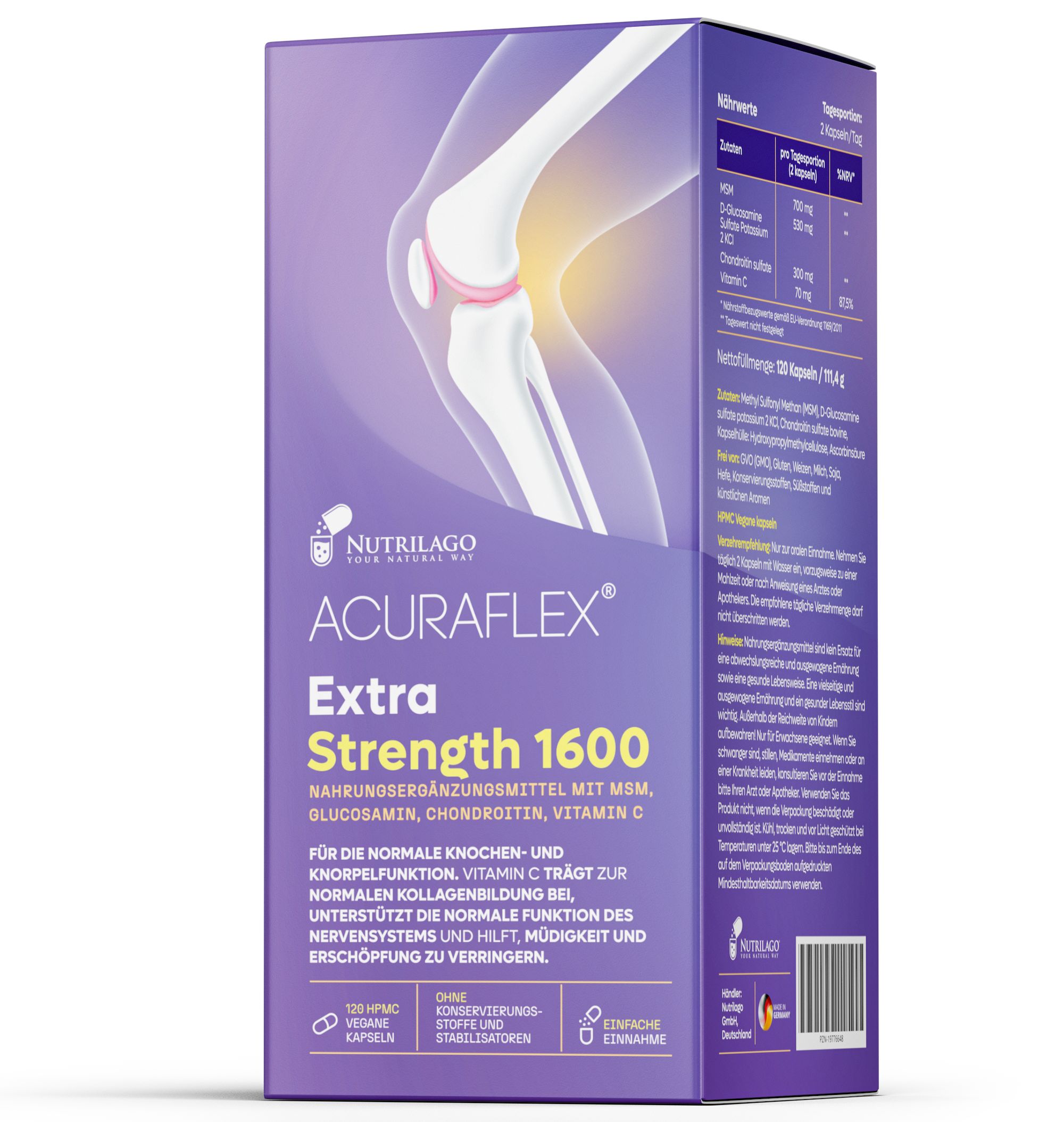 Lila Schachtel mit ACURAFLEX Extra Strength 1600. Enthält MSM, Glucosamin, Chondroitin und Vitamin C. Abbildung eines Kniegelenks.