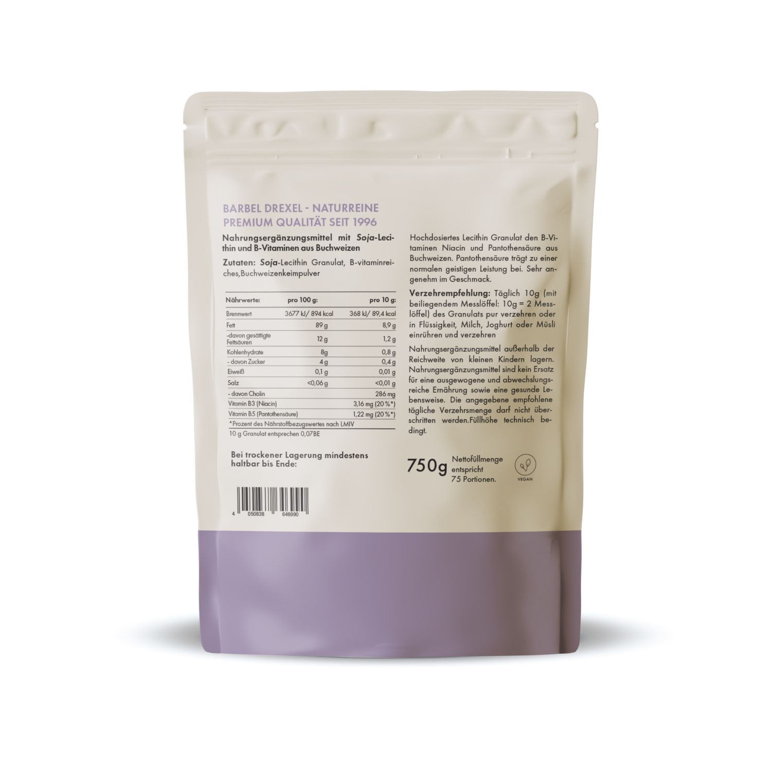Rückseite der Lecithin Granulat Verpackung. Enthält Nährwertangaben und Herstellerinformationen.