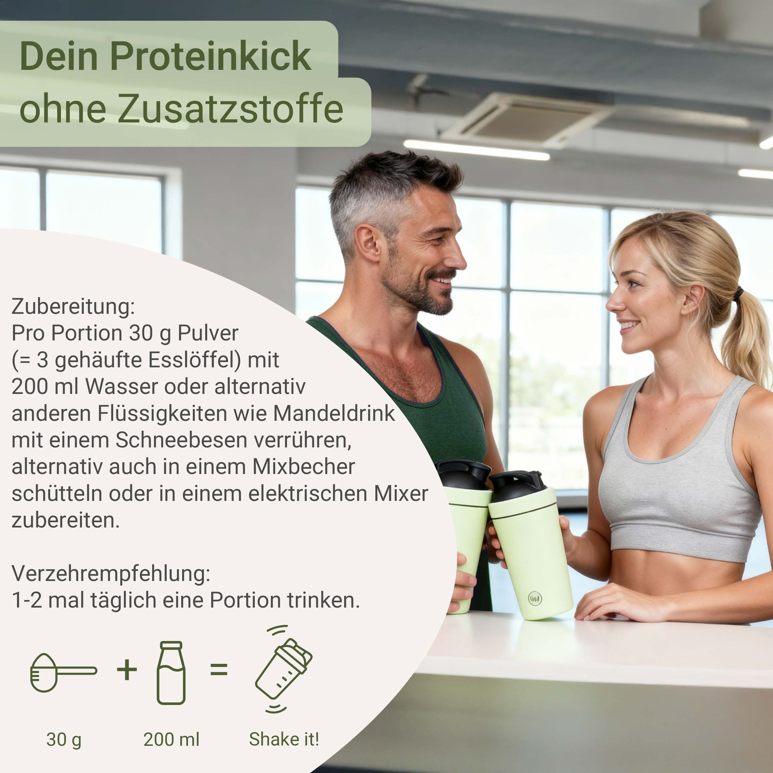Zwei Personen mit Shaker. Text: Zubereitung: 30g Pulver mit Wasser oder Mandeldrink. Verzehrempfehlung: 1-2 Portionen täglich.