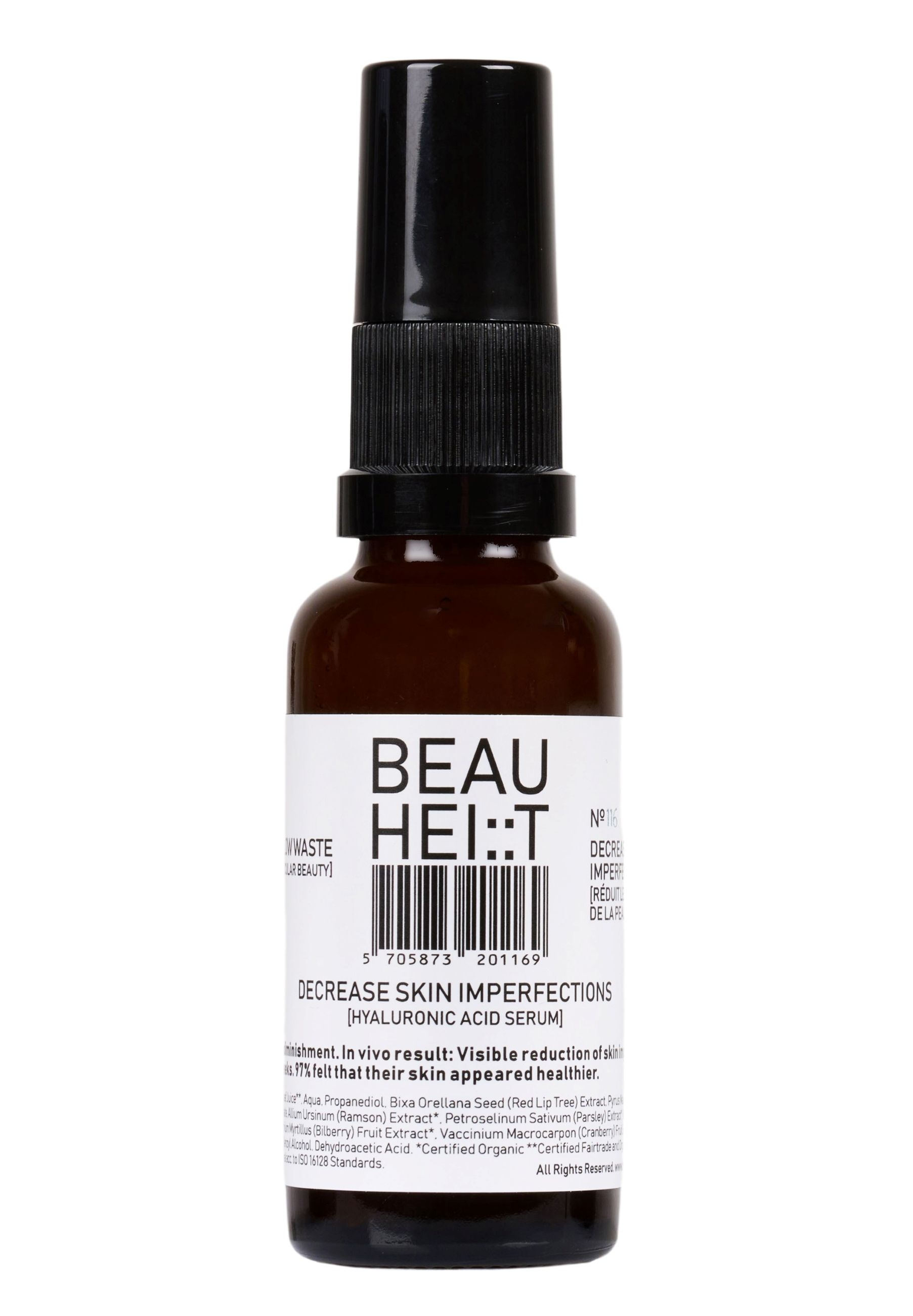 Braune Glasflasche mit schwarzem Sprühkopf. Beschriftung: BEAUHEIT, Decrease Skin Imperfections Hyaluronserum.