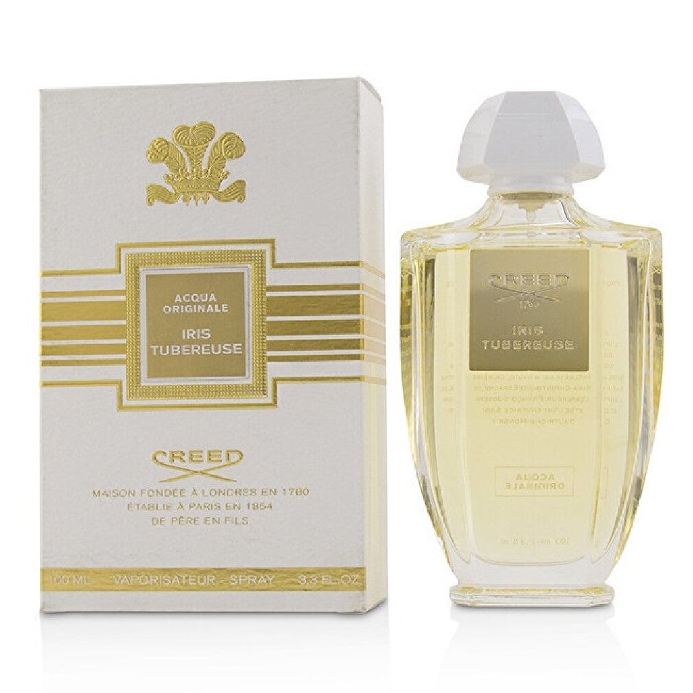 Flakon und Verpackung. Aufschrift: Creed, Iris Tubereuse, Acqua Originale. Weiße Schachtel mit goldenen Details.