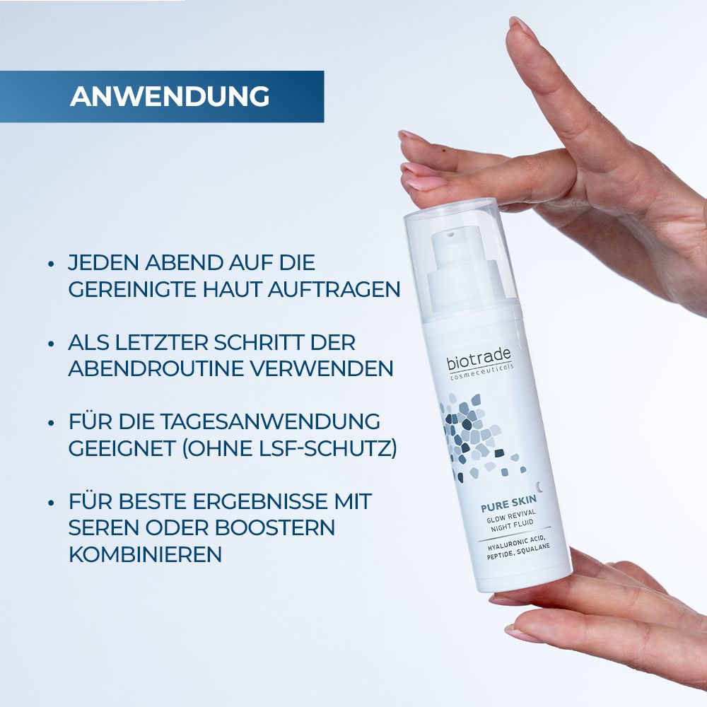 Anwendung des Biotrade Pure Skin Night Fluid. Text: Abends auftragen, als letzten Schritt, für Tagesanwendung, für beste Ergebnisse.