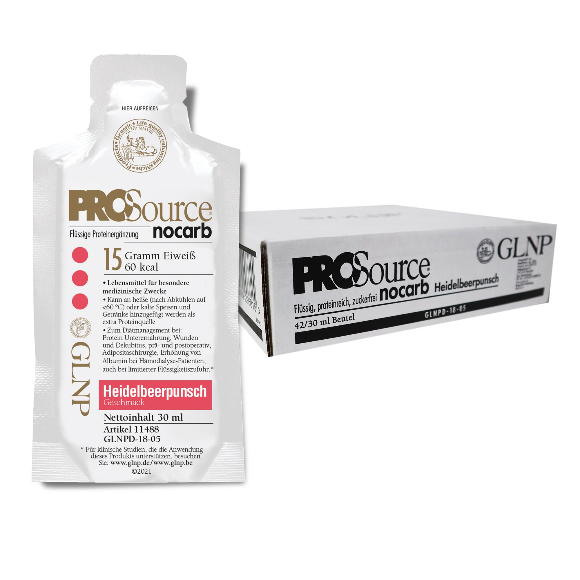 Beutel mit Flüssigprotein und Karton. Aufdruck: PROSource no carb, Heidelbeerpunsch. GLNP-Logo. Karton: 42/30 Beutel.