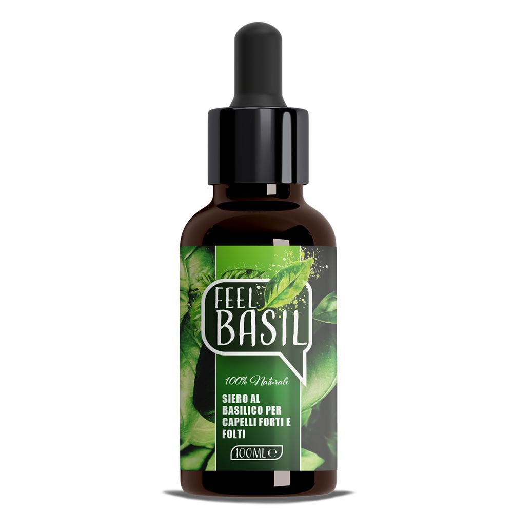 Flacone di vetro marrone con contagocce nero. Scritta: Feel Basil, 100% naturale, siero per capelli forti e pieni. 100ml.