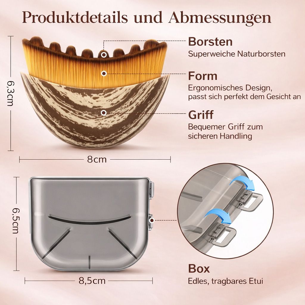 Produktabbildung mit Maßen. Gesichtsbürste mit braunen Borsten und hellbraunem Griff. Inklusive Aufbewahrungsbox.
