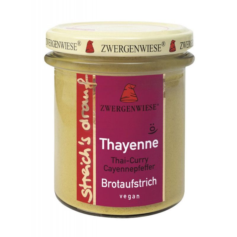 Glas mit Aufstrich. Auf dem Etikett steht Thayenne, Thai-Curry, Cayennepfeffer, Brotaufstrich, vegan. Deckel mit Zwergenwiese Logo.