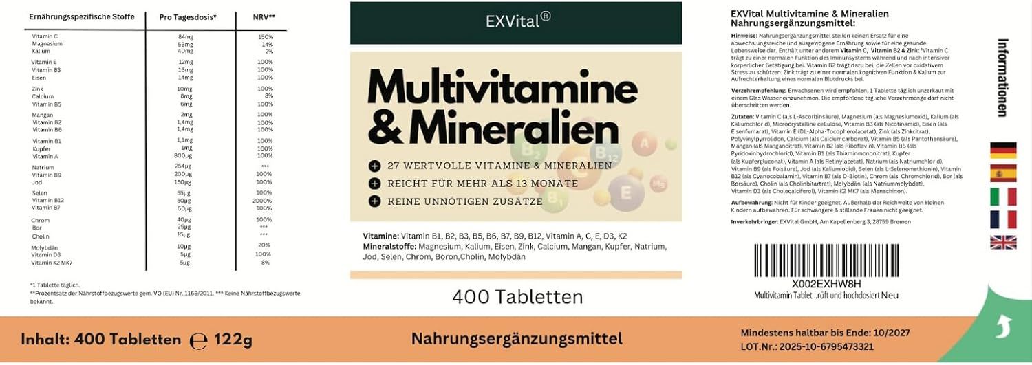 Etikett der Flasche mit Produktinformationen. 400 Tabletten. Nahrungsergänzungsmittel. Inhaltsstoffe und Nährwerte.