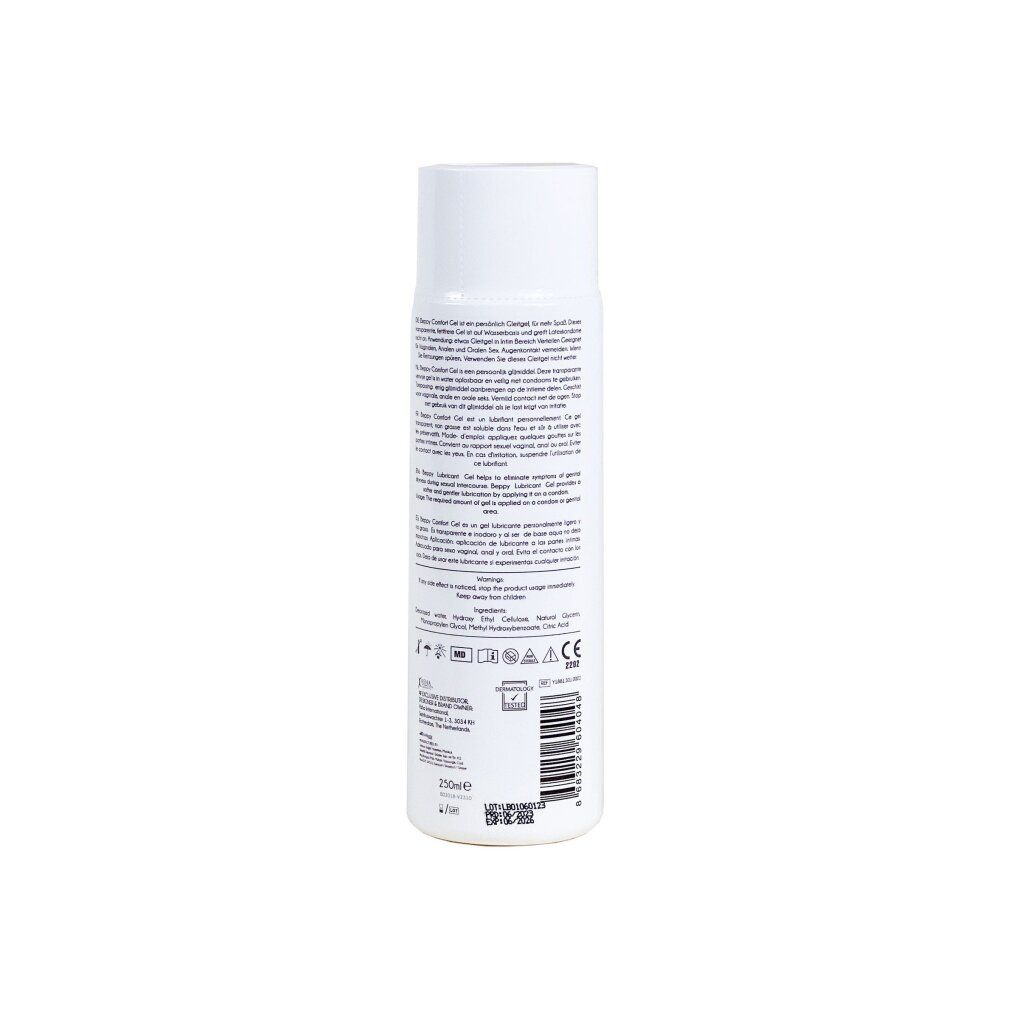 Beppy Gleitgel Flasche, Rückseite, mit Symbolen und Barcode.