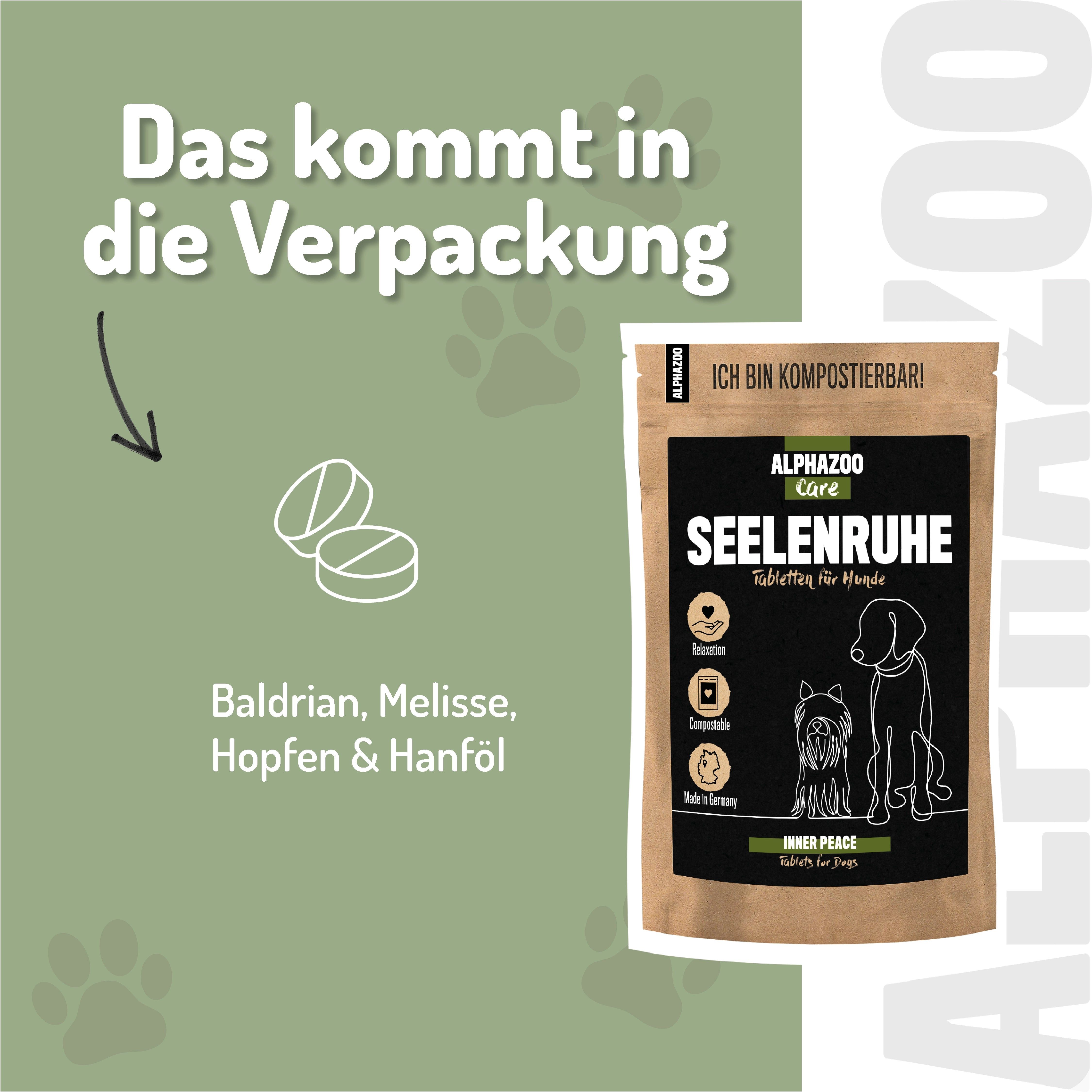 Grafik mit Tabletten und Verpackung. Text: Das kommt in die Verpackung. Inhaltsstoffe: Baldrian, Melisse, Hopfen & Hanföl. Kompostierbar.