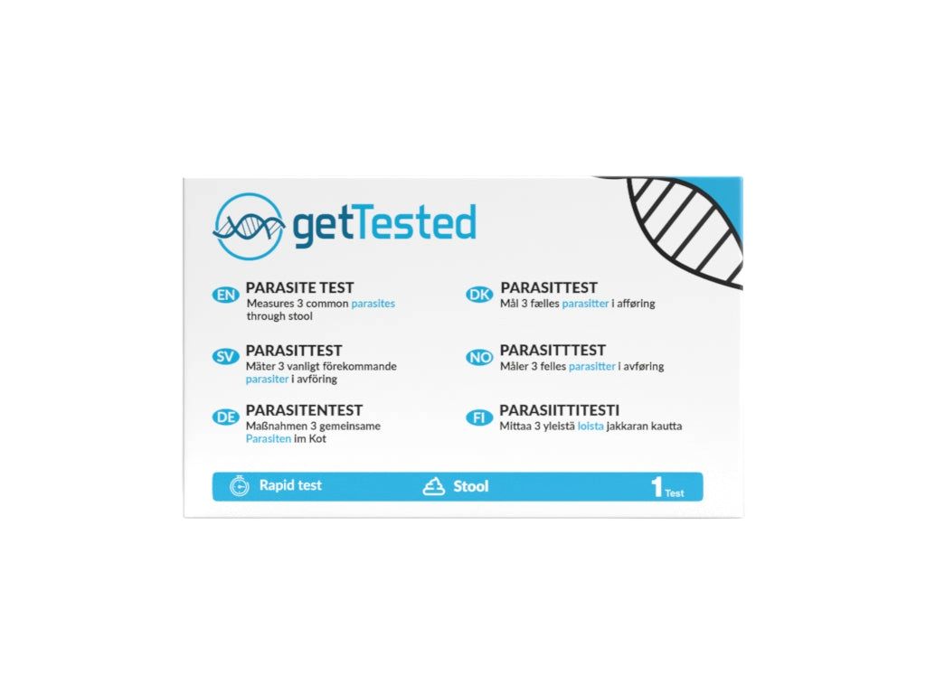 Weiße Schachtel mit 'getTested' Logo und Text: PARASITEN TEST. Enthält Informationen in mehreren Sprachen und Piktogramme.