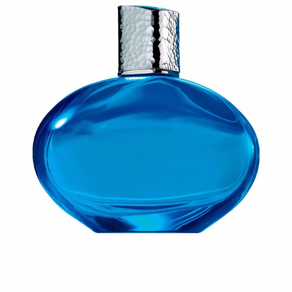 Blaues Parfümfläschchen mit silberfarbenem Deckel. Ovale Form. Klarer, blauer Inhalt.