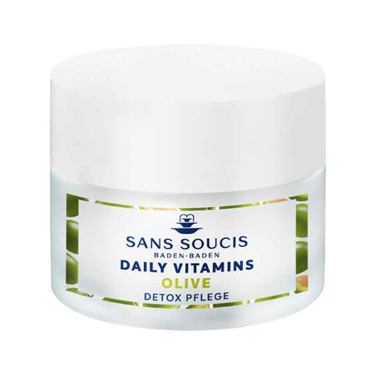 Weißer Tiegel mit Aufschrift: Sans Soucis Daily Vitamins Olive Detox Pflege. Oliven-Dekor. Deckel und Tiegelkörper sind weiß.
