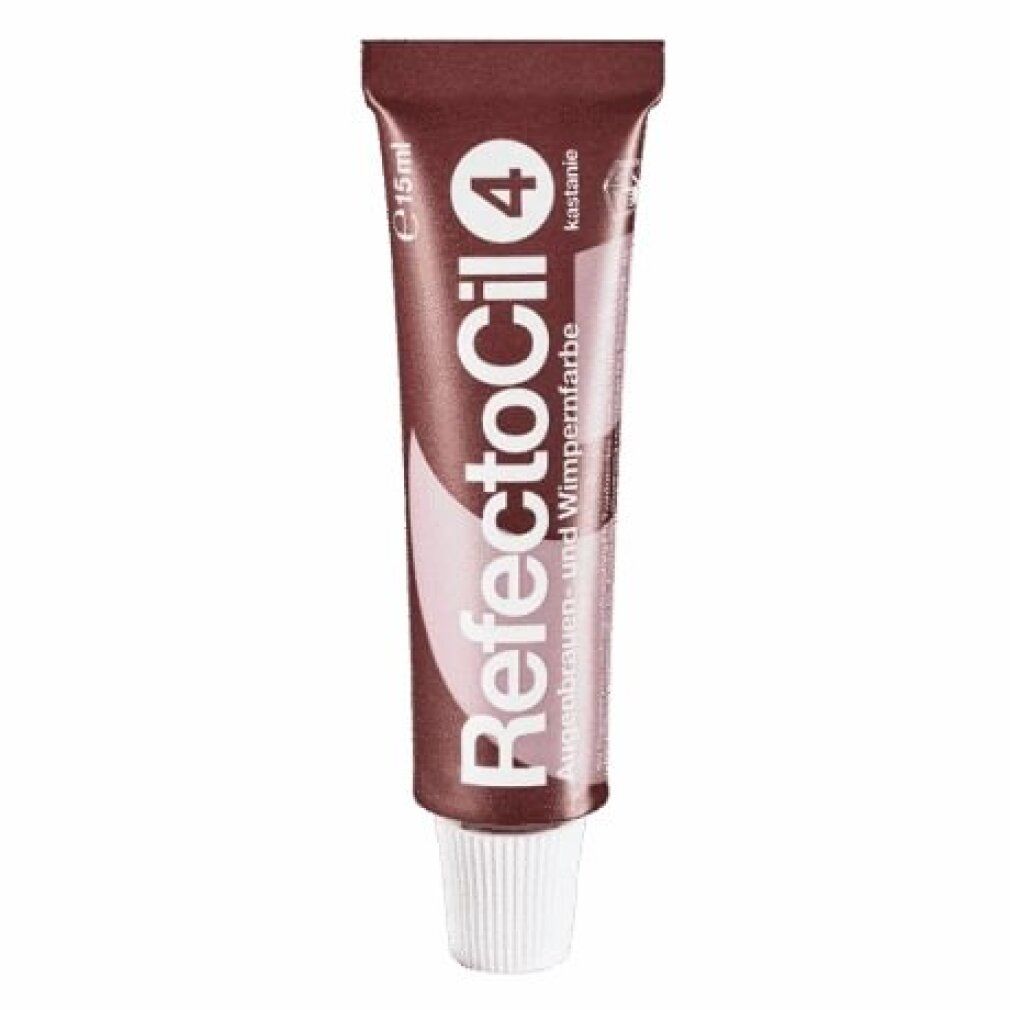 Braune Tube mit weißem Verschluss. Aufschrift: RefectoCil 4, Kastanie. Augenbrauen- & Wimpernfarbe.