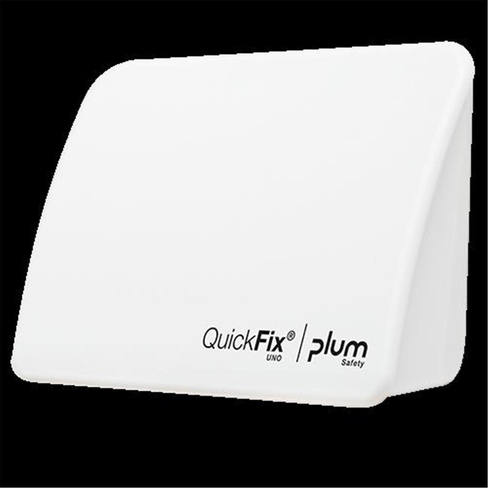 Weißer Pflasterspender. Abgerundete Form. Schwarzer Schriftzug: QuickFix UNO, plum Safety.